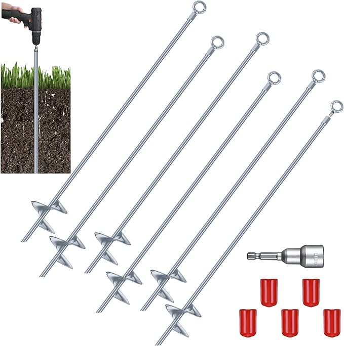 Lasnten 6 Pcs 30 Inch Heavy Duty Ground Anchor Spiral Blade Earth Anchor Kit Metal Anchor Hook Beach Sand Stakes Camping for Securing Animals, Shelters, Tents, Canopies (Silver)