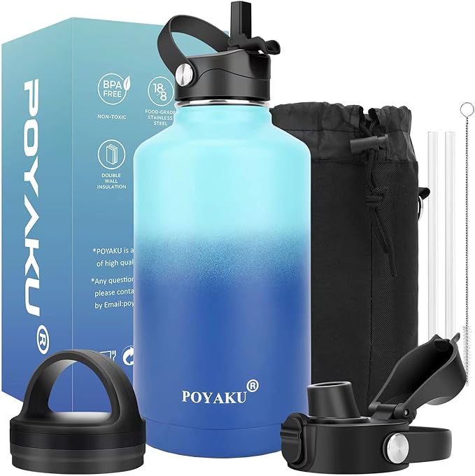 Water Bottle Insulated 32oz 40oz 64oz 128oz Straw Lid Spout Lid & 3 Lids, Leak Proof, Vacuum Insulated,Stainless Steel Water Bottle Wide Mouth for Sports, Gym or Office