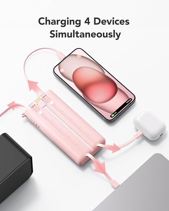 VRURC Portable Charger, 20000mAh Power Bank Fast Charging, Built-in Micro & USB C Three Cables, 4 Output 2 Input LED Display Charging Bank for iPhone, Samsung, Android etc-Pink (1 Pack)