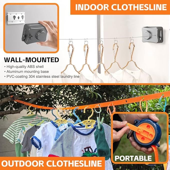 Retractable Clothesline Indoor Outdoor Clothes Line Kit, Heavy Duty Clothes Drying Laundry Line 16.7ft Wall Mounted Drying Rack Non-Sagging Air Dry Clothing Travel Clotheslines (White)