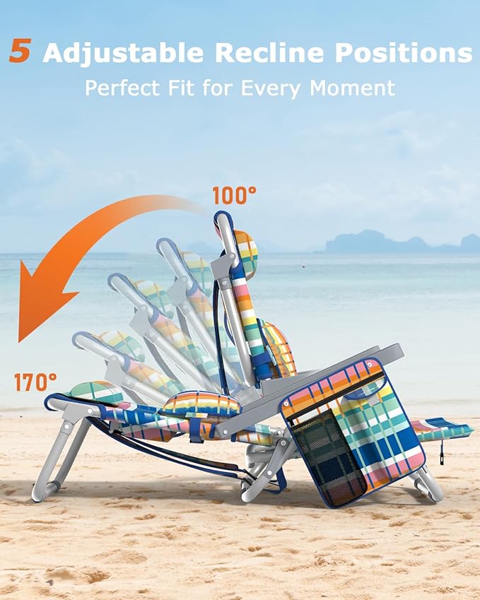 ZENPETIO Beach Chair, Camping Chair for Adults, Reclining Backpack Chair for Pool, Beach, Camping, Outdoors
