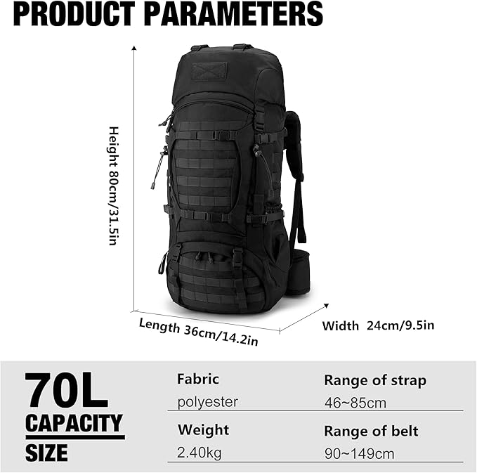 Mardingtop 70L Internal Frame Backpack for Camping,Hiking,Travel,Tactical Backpack with Rain Cover