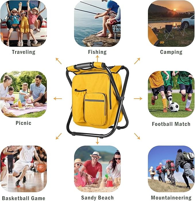 Kikerike Backpack Stool Cooler Chair Heavy Duty 400 LBS Max Load Portable Lightweight Stool Backpack Folding Fishing Cooler Seat for Camping Hunting Fishing - Yellow