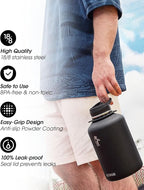 Coolflask 64oz Insulated Water Bottle with Strap, Half Gallon Large Water Jug with Straw & Spout Lids, Double Wall Stainless Steel Metal Flask, Keep Cold 48h Hot 24h, Leak Proof&Non-BPA, Magic Black