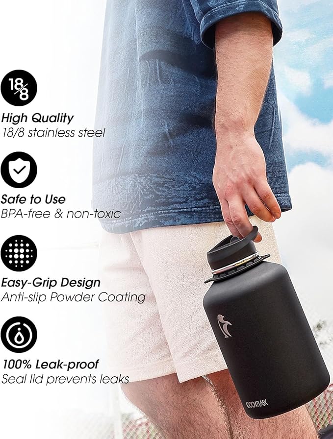 Coolflask 64oz Insulated Water Bottle with Strap, Half Gallon Large Water Jug with Straw & Spout Lids, Double Wall Stainless Steel Metal Flask, Keep Cold 48h Hot 24h, Leak Proof&Non-BPA, Magic Black