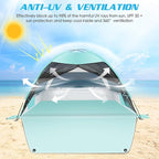 Large Easy Setup Beach Tent,Anti-UV Beach Shade Beach Canopy Tent Sun Shade with Extended Floor & 3 Mesh Roll Up Windows Fits 3-4 Person,Portable Shade Tent for Outdoor Camping Fishing (Mint Green)