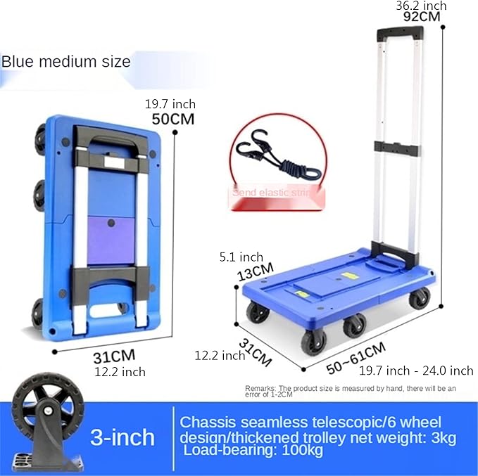 Push Cart Folding Platform Truck Plastic Push Cart Heavy Duty Portable Trolley with Retractable Assis for Luggage Travel Moving Office Platform Hand Truck (Middle Blue)