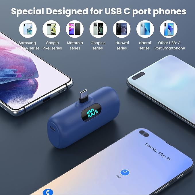 Mini Portable Charger 5000mAh Power Bank,15W PD USB C Cell Phone Portable Power, LCD Display Battery Pack Compatible With iPhone 15/15 Plus/15 Pro/15 Pro Max/Android/Samsung/Moto/LG (Type-C Only)