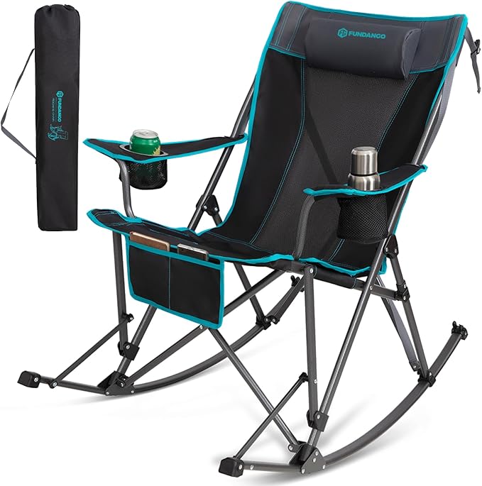 FUNDANGO Rocking Camping Chair, High Mesh Back Portable Folding Camp Chairs with Pillows, Cup Holder and Carry Bag for Lawn Patio Garden Outdoor Supports 300 Lbs (Black/Blue)