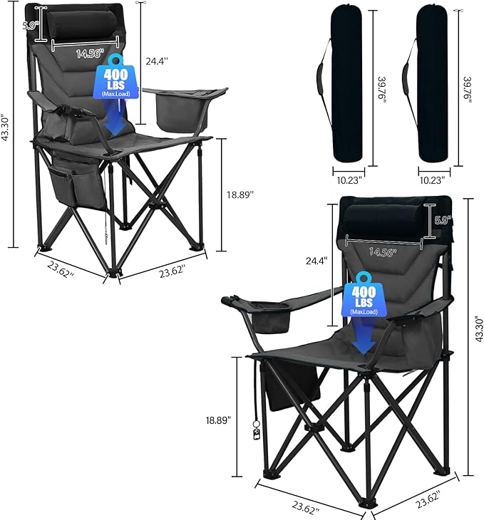 Oversized High-Back Camping Chairs with Pillow, Dual Cup Holders & Cooler Bag - Heavy Duty Foldable Outdoor Chair for Adults, Picnic, Fishing, Backyard, Sports (2, BlackGrey)