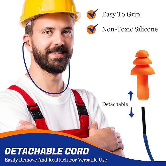 Quality Reusable Earplugs 100 Pair - 25dB Corded Silicone Ear Plugs for Shooting Construction Work Ear Plugs Motorcycle Range Hunting Hearing Protection Ear Protection for Mowing Earplugs Reusable