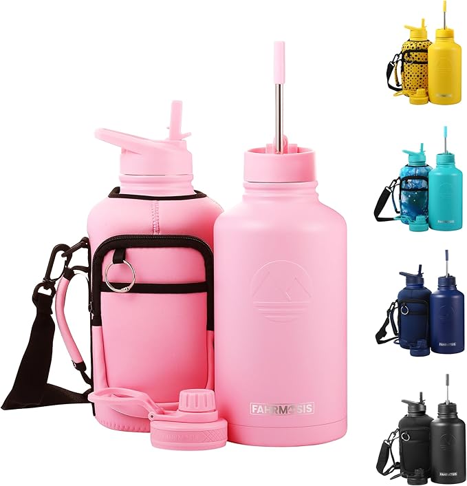 64 Oz Insulated Water Bottle with Strap Stainless Steel Sports Water Bottle with 3 Lids (Straw, Chug and Flip Lid) Leak Proof Metal Half Gallon Jug for Men & Women - Pink (Solid)