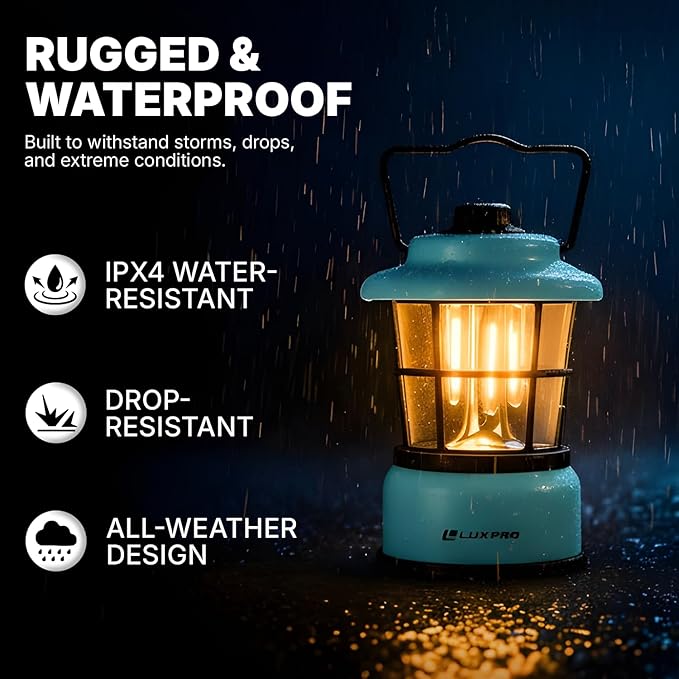 LUXPRO Retro LED Lantern - Battery-Powered Emergency Lantern - Water Resistant - Bright LED Lamp for Indoor & Outdoor Use - Use for Tents, Hiking or Hurricane Prep (Blue, Pack of 2)