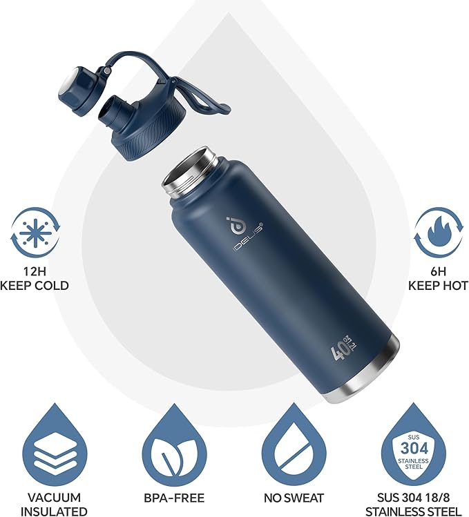 IDEUS Insulated Stainless Steel Water Bottle with 2 Leak-Proof Lids, Thermal Water Flask for Hiking Biking, 40oz, Navy Blue