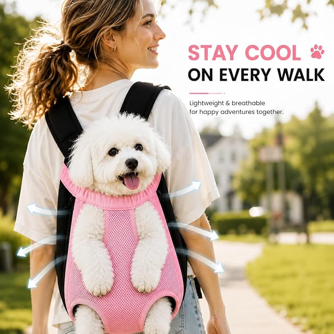 Inspack Dog Backpack Carrier/Cat Carrier, Adjustable Pet Front Carriers Travel Bag for Puppy Medium Dogs, Legs Out, Soft Ventilated Doggie Chest Carry Backpacks for Hiking/Camping, 7-11 lbs, Pink