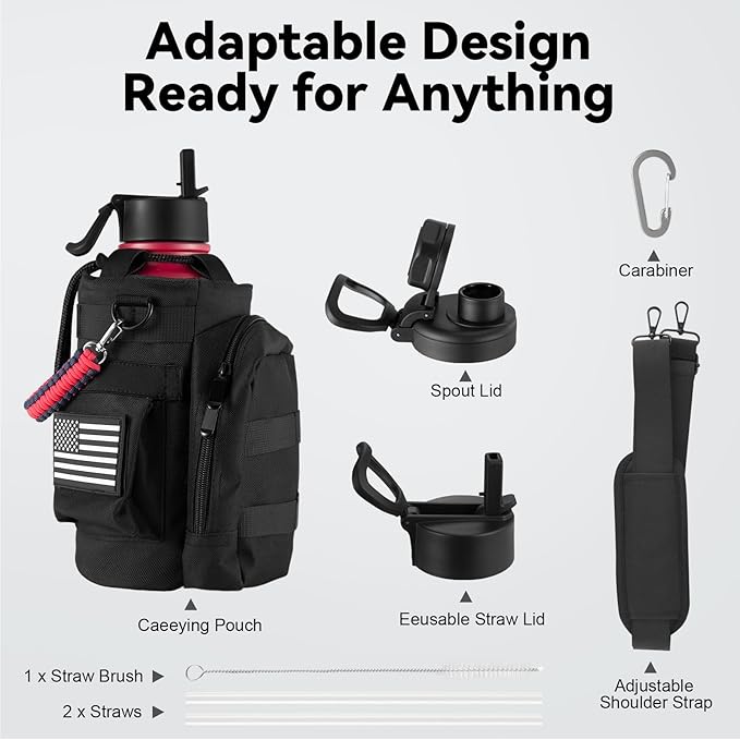 KXIAOCHEN Insulated Water Bottle, Stainless Steel Water Bottle, 2 Lids (Straw and Handle Lid),Wide Mouth Metal Water Bottles Keep Hot and Cold, Double Walled, Thermo Mug, Metal Canteen