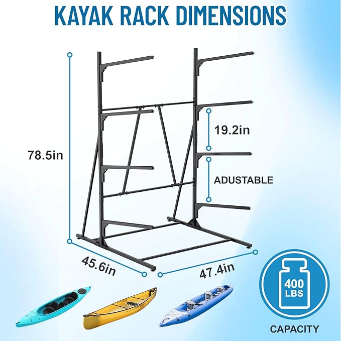 Kayak Storage Rack, Heavy Duty Freestanding Kayak Rack for Garage and Outdoor Storage, Kayak Stand Adjustable for Kayak, Canoe, Surfboard and Paddle Board