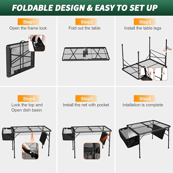 Portable Folding Grill Table with Sink for Outdoor, Lightweight Aluminum Frame Folding Grill Stand Picnic Table Camping Cooking BBQ, RV Picnic,2 Heights Adjustable(Black)