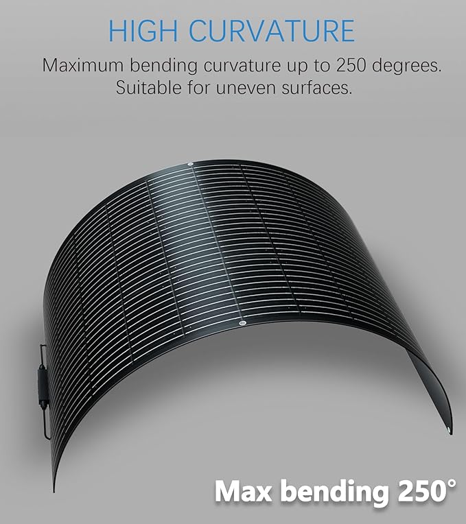 Flexible Solar Panel 100W 105W 12V Monocrystalline 250° Curvature Fiberglass High Efficiency Lightweight for RVs Boat Cabin (Black)