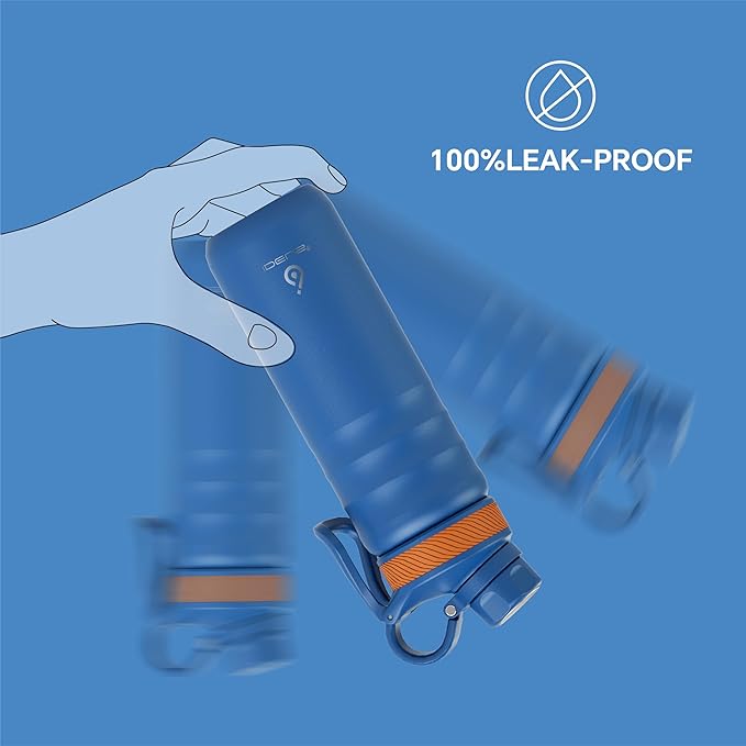 IDEUS Insulated Stainless Steel Water Bottle with 2 Leak-Proof Lids, Thermal Water Flask for Hiking Biking, 24oz, Bright Blue