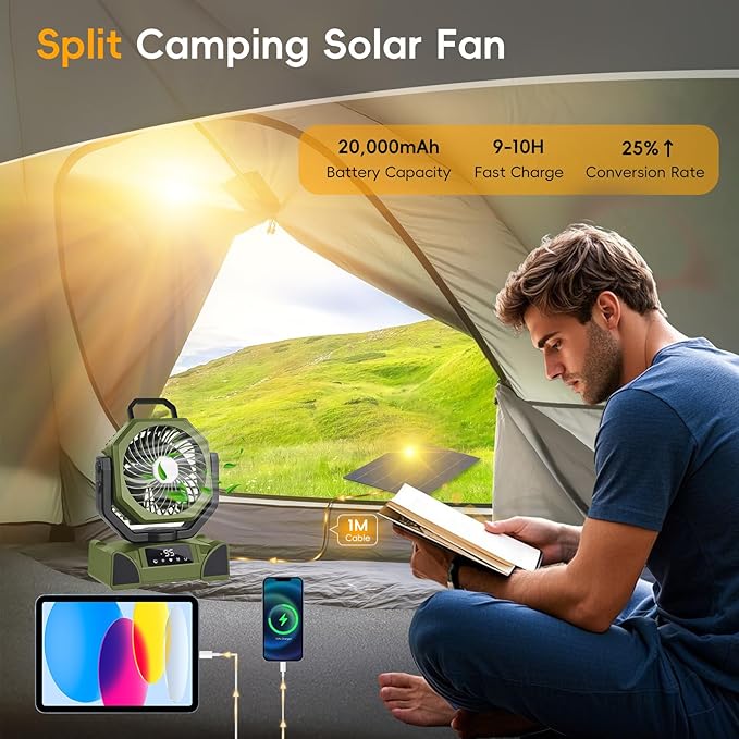 20000mAh Solar Camping Fan, Portable Rechargeable Battery & Solar Powered Fan with 7W Solar Panel, Remote Control, Auto Oscillating, LED Display, Light, Timer for Outdoor Camp, Beach, Travel Tent