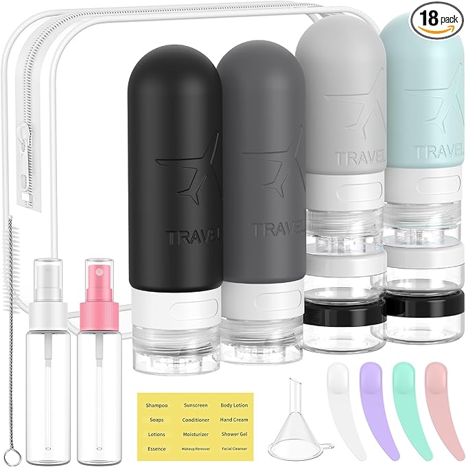 ME.FAN 18 Pack Travel Bottles for Toiletries, TSA Approved Travel Size Containers Set, Silicone Squeezable Portable Split Bottle, Travel Accessories for Conditioner, Shampoo, Lotion - Grey