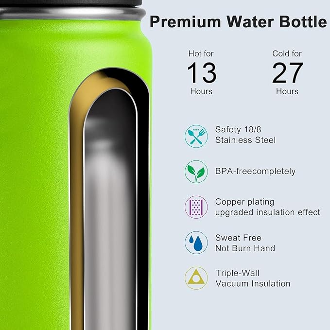 koodee 26 oz Insulated Water Bottle Stainless Steel Double Wall Vacuum Metal Sports Water Bottle with Leakproof Spout Lid, Wide Mouth Water Bottle (Apple green)