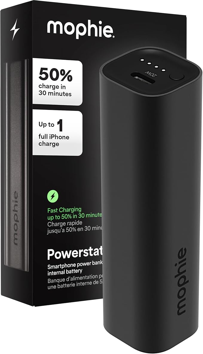 Mophie Powerstation Mini 5,000mAh Portable Power Bank (Gen 3) – Ultra-Fast USB-C PD, 20W Output, Up to One Full Phone Charge, Pocket-Sized, LED Indicator, Includes USB-C Cable, Black
