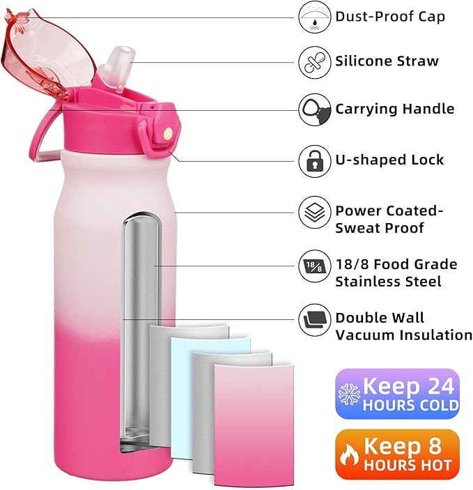 BJPKPK Insulated Water Bottle 25oz Stainless Steel Water Bottles With Straw And Carry Handle Double Wall Metal Thermo
