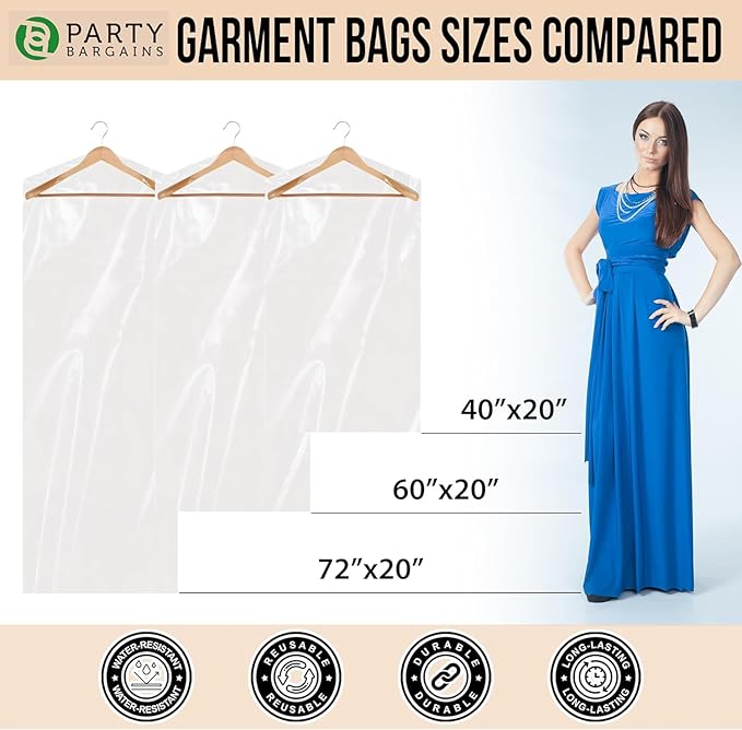 PARTY BARGAINS 72 x 20 Inch Disposable Clear Garment Bags, 50 Pack – Heavy-Duty Plastic Clothes Covers for Suits Dresses Coats, Closet & Travel