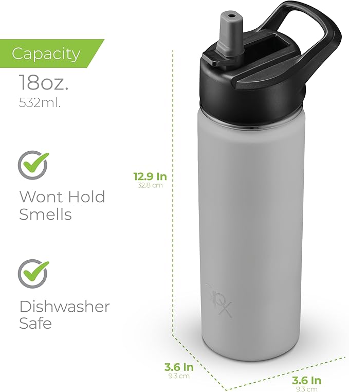 SipX™ Triple-Insulated Stainless Steel Water Bottle 18oz. With 3 Lids, BPA-Free Reusable Insulated Water Bottle Keeps Cold 24 Hours, (Grey)