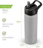 SipX™ Triple-Insulated Stainless Steel Water Bottle 18oz. With 3 Lids, BPA-Free Reusable Insulated Water Bottle Keeps Cold 24 Hours, (Grey)
