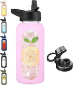CIVAGO 32 oz Glass Water Bottle with Straw and Handle, Large Sports Motivational Water Bottle Flask with Time Marker and 2 Lids, Leakproof Water Jug Canteen with Silicone Sleeve for Gym,Lavender
