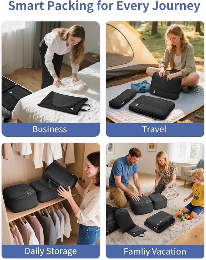 WANDF 7 Set Compression Packing Cubes for Travel, Shirt Folder for Wrinkle-Free, Suitcase Organizer Bags Set for Carry-On Checked Luggage Duffle Bag Women Men(Black)