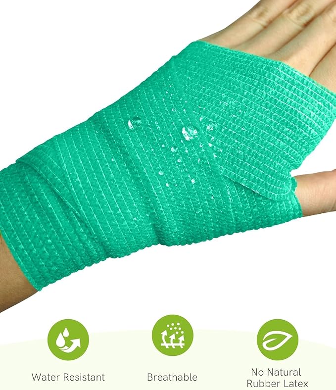 FriCARE Self Adhesive Bandage Wrap, Medical Tape in First Aid Kit, Cohesive Bandages for Wounds Sport Vet, FSA/HSA Eligible, 2 Inches X 5 Yards 6 Rolls, Teal