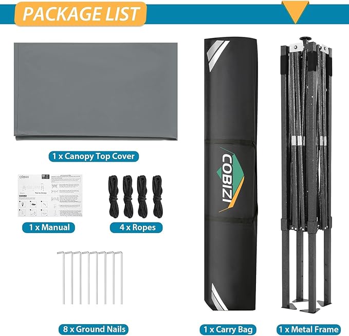 COBIZI 6.6x6.6 Pop Up Canopy Without Sidewall,Heavy Duty Canopy UPF 50+ All Season Wind Waterproof Commercial Outdoor Party Tents for Parties Canopy Gazebo with Storage Bag(6.6 x 6.6 ft Gray)