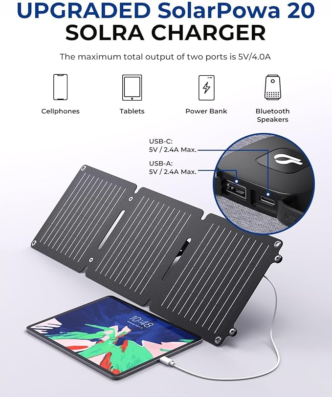 BigBlue 20W Portable Solar Panel with Kickstands, USB-A and USB-C(5V/2.4A per Output), Solar Panel Charger for Camping, Higher Efficiency, IP65 Waterproof, Compatible with Phones, Tablets, Power Bank