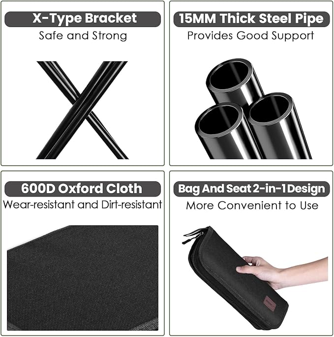 MOONCY Portable Stool, 13 Inch Small Folding Stool for Adults, Ultralight Black Camping Stools for Hiking and Fishing, Hold Up to 265 LBS