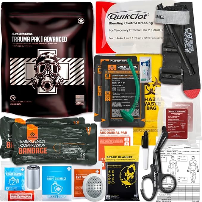 EVERLIT Trauma Pak, with CAT GEN-7 Tourniquet QuikClot Hemostatic Dressing Rolled Gauze Mil-Spec Military Tactical Bleeding Control Supplies (Advanced)