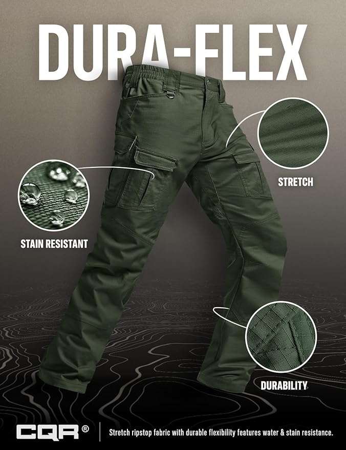 CQR Men's Flex Ripstop Tactical Pants, Water Resistant Stretch Cargo Pants, Lightweight EDC Hiking Work Pants