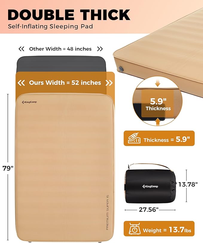 KingCamp Self Inflating Camping Pad, Ultra 6" Thick or Ideal 3" Thcik High R Value Air & Foam Camping Mattress, Full Size Double Sleeping Pad 2 Person for Camp Tent Outdoor Car, Multi Colors, PVC Free