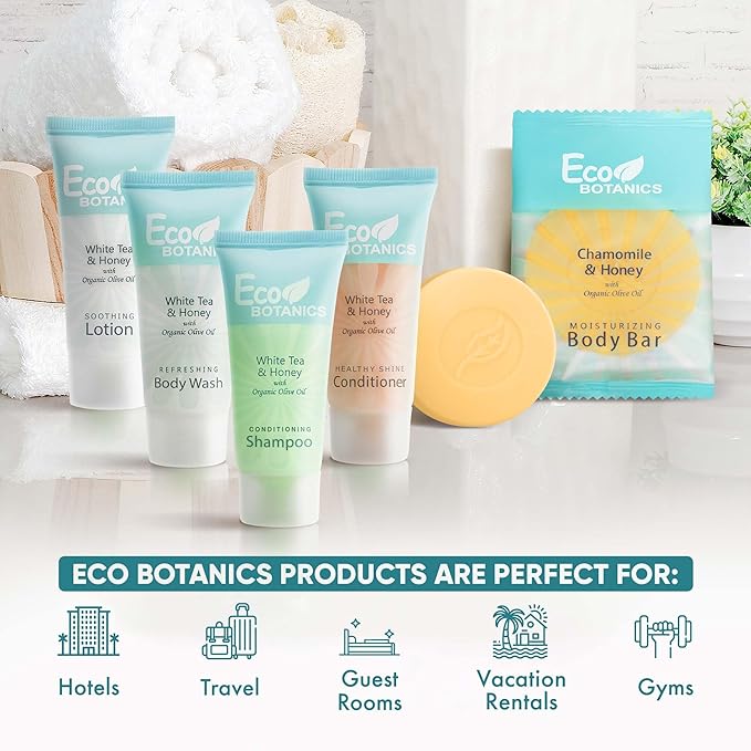 Travel Size Hotel Toiletry Set 75 Count 0.85 oz Bottles Guest Amenities for Airbnb Vacation Rentals and Short Term Rentals Paraben Free White Tea Scent Infused with Aloe and Olive Oil by Eco Botanics