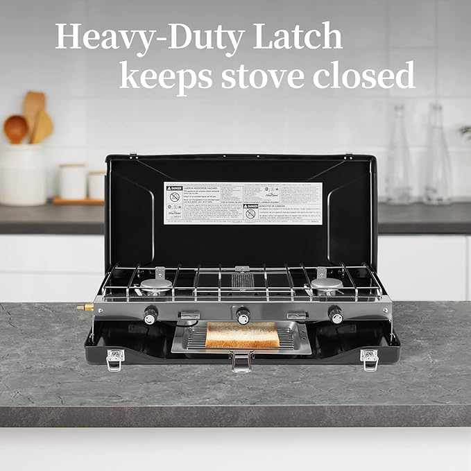 Camping Stove, 3 Burners Propane Portable Camp Stove with Regulator, Push-Button Instant Ignition, Adjustable Burners & Wind Guards for Car BBQ Picnics Outdoor Cooking (BLACK-20400 BTUs)