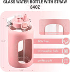BLUEGO 84oz Water Bottle Glass with Stainless Steel Handle Large 2.5l Water Bottle with Time Markers and Silicone Sleeve Half Gallon Water Jug BPA Free for Gym Daily Use, Pink