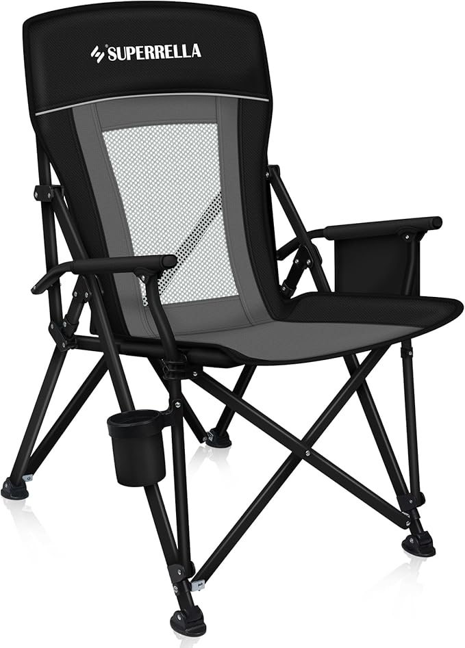 Camping Chair Portable Folding Lawn Chair Comfortable Hard Arm Sturdy for Family Camp, Outdoor, Sports, Beach, Travel, Support 400 lbs, Black&Grey