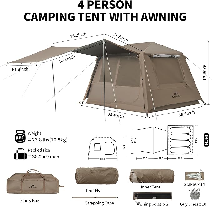 Naturehike Village Instant Tent, 4 Person 8 Person Camping Tent with Full Rainfly, Waterproof Large Cabin Tents for Car Camping