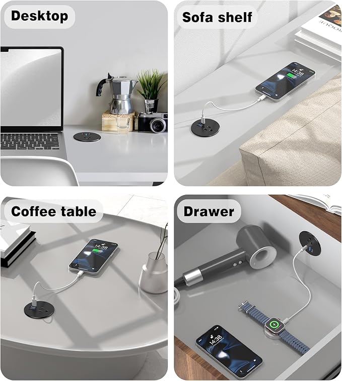 Desk Grommet Power Outlet, 2.5 inch Desktop Recessed Outlet with 20W Fast Charging USB-C Port, Flush Mount Outlet for Conference Rooms, Office Tables, Furniture (Black, 6FT)