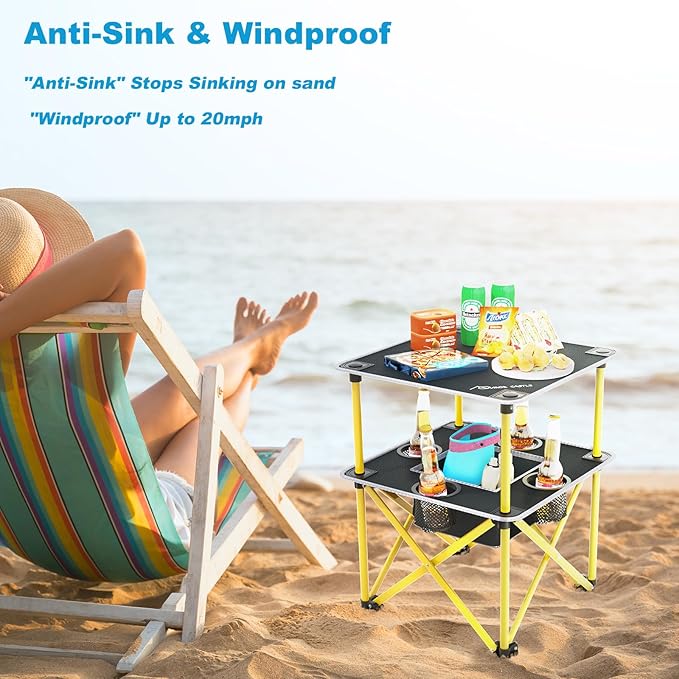 Folding Camping Table with 4 Cup Holders, Lightweight Portable Beach Outdoor Picnic Table, Square Camp Table with Built-in Food Basket Travel Bag for BBQ, Camping, Tailgate