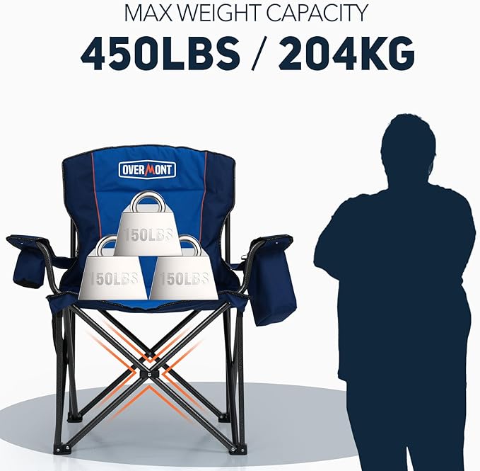 Overmont Oversized Folding Camping Chair - 450lbs Support with Padded Cushion Cooler Pockets - Heavy Duty Collapsible Chairs for Sports Garden Beach Fishing