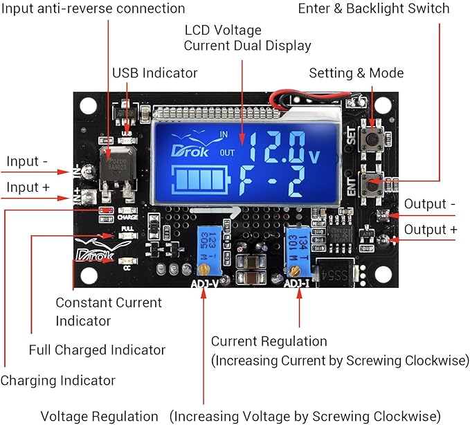 DROK Adjustable Voltage Regulator, DC Buck Boost Converter 6-30V to 0.5-30V 4A 60W 5V 24V Voltage Converter, 12V Power Supply Step Up Step Down Transformer with USB Port Case LCD Display Volt Amp